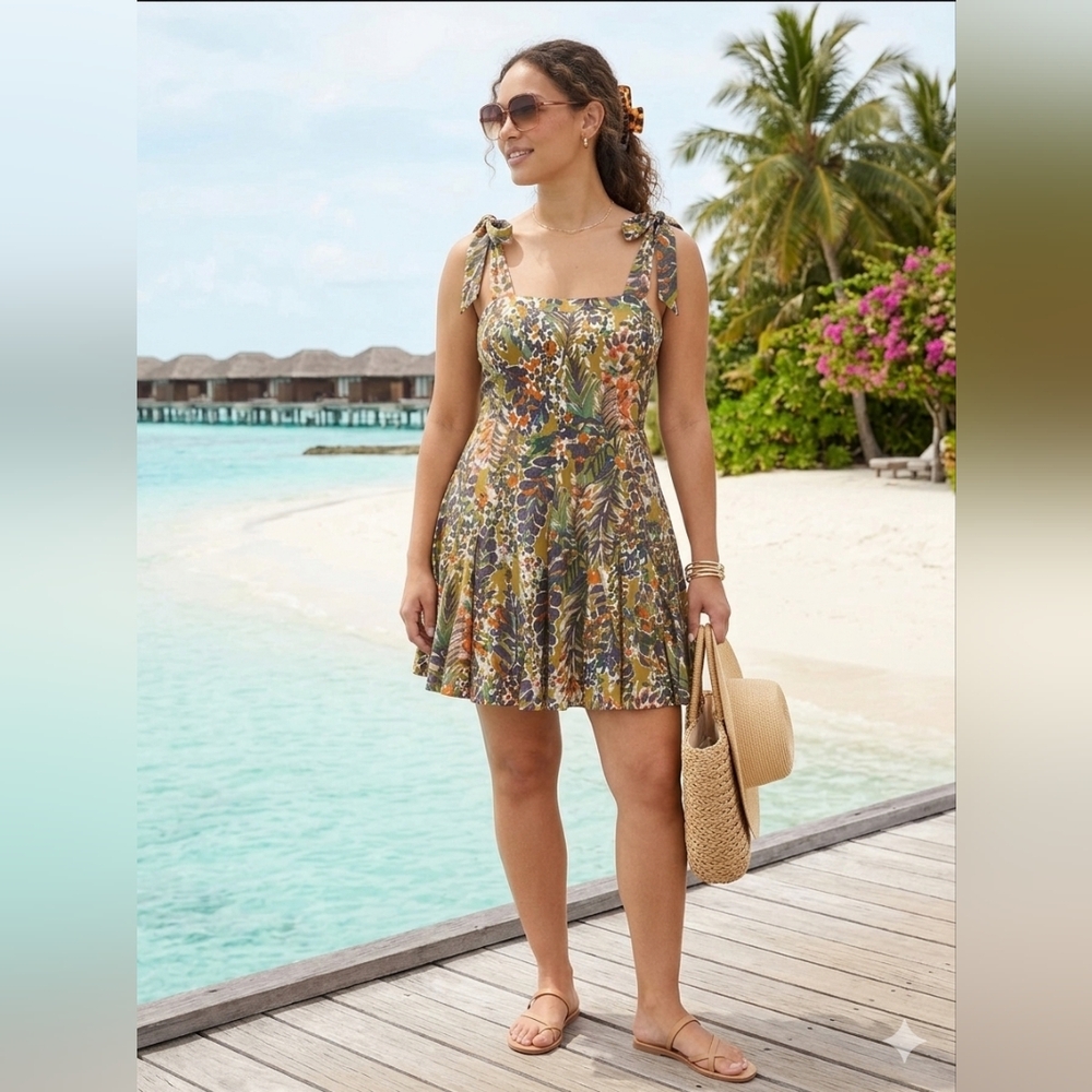 NWT Kori Abstract Tropical Tie-Shoulder Mini Dress